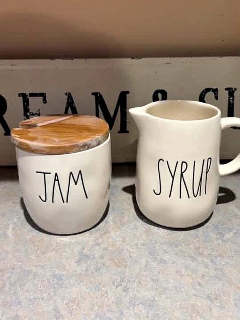 Rae Dunn Jam Canister and Syrup Pitcher Set